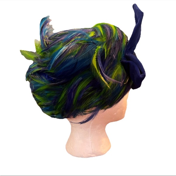 Womens Vintage Feather Hat Fascinator Cap 50s 60s Union Made In USA - Picture 4 of 7